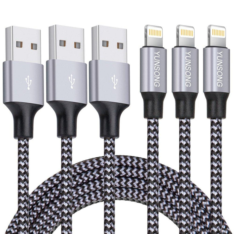 iPhone Charger, YUNSONG 3Pack 6FT Nylon Braided Lightning Cable Fast Charging High Speed Data Sync USB Cord Compatible with iPhone 13 12 11 Pro Max XS XR X 8 7 6S 6 Plus SE 5S Grey