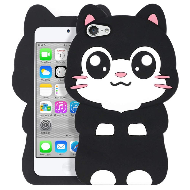 Cute iPod Touch 7 Case, iPod Touch 6 Case, iPod Touch 5 Case, Funny Kawaii 3D Cartoon Big Eye Black Cat Kitty Animals Soft Silicone Shockproof Cases Cover for Kids Child Girls Women Pocket Cat