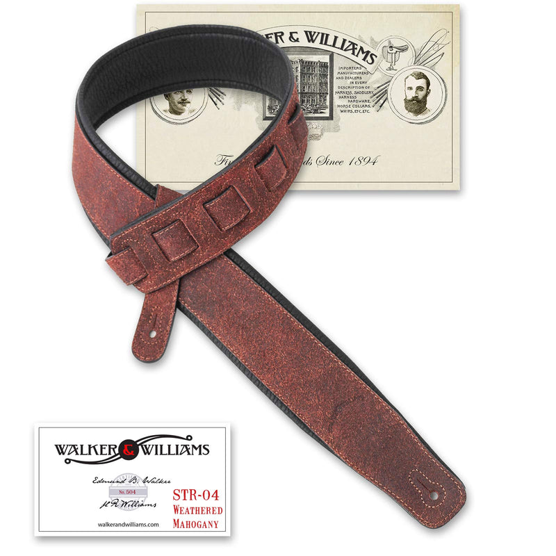 Walker & Williams STR-04 Distressed Mahogany Brown Italian Leather Padded Guitar Strap For Acoustic, Electric, And Bass Guitars