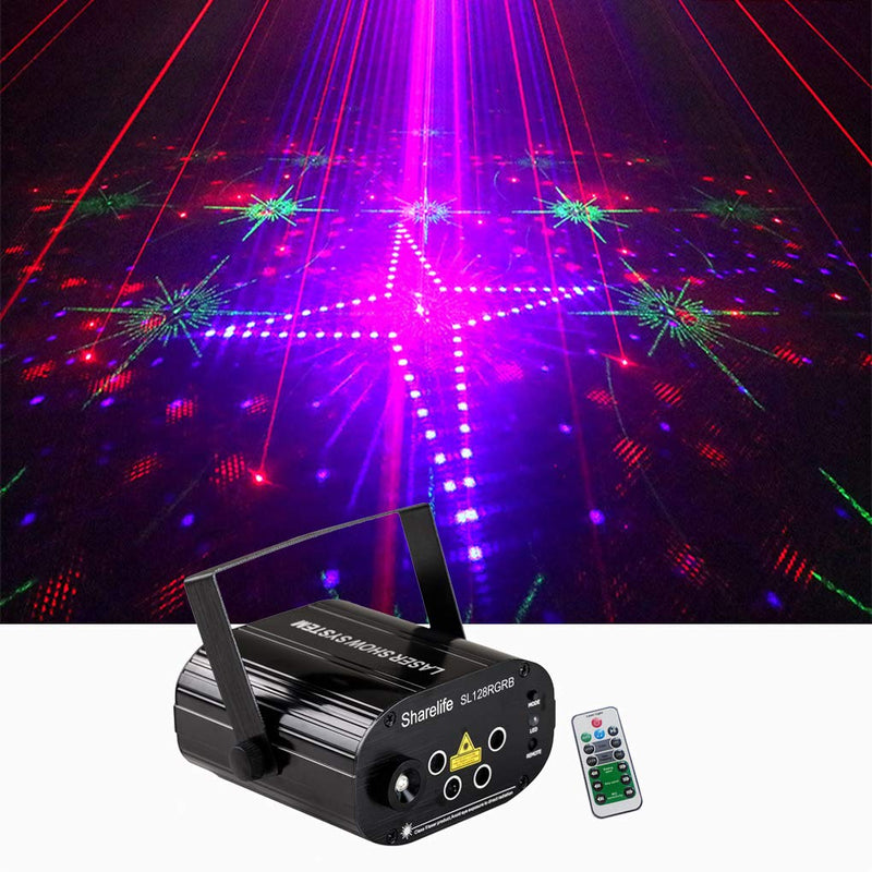 Mini 4 Lens 128 RGRB Patterns Laser Effect Mixed Blue LED Background Projector Light Remote Music Auto for DJ Party Show Home Gig Xmas Stage Lighting SL128RGRB