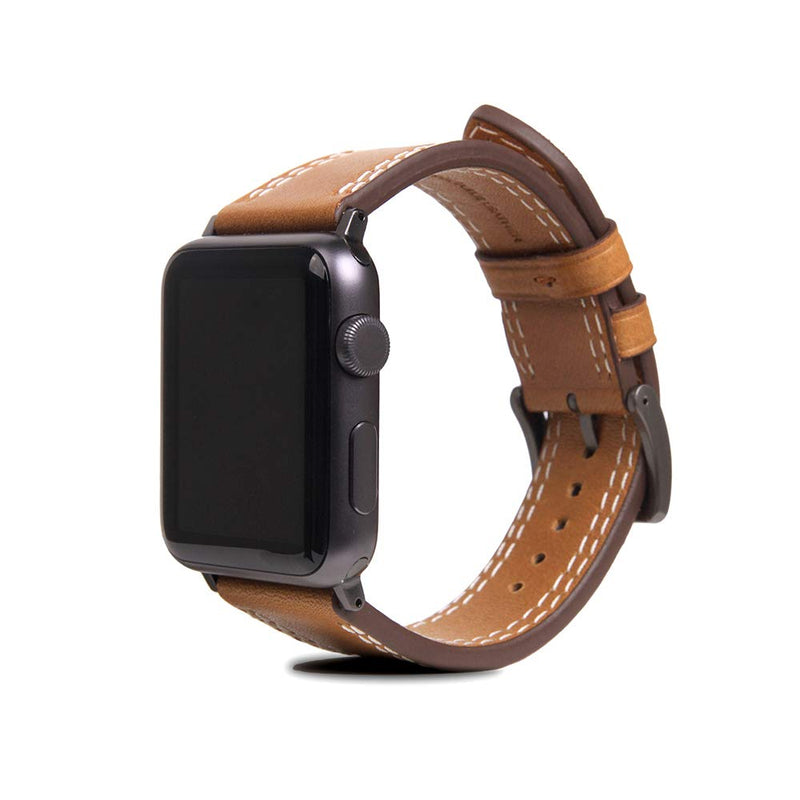[SLG DESIGN] D+ Italian Temponata Leather Strap Band for Apple Watch 4 44mm 42mm iWatch Series 1 2 3 Nike Sports Replacement Strap Bands Dressy Black Stainless Steel Adapters (Tan) Tan