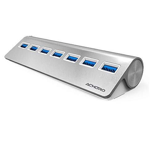 Achoro 7 Ports USB 3.0 Hub - Triangle Aluminum Alloy - High-Speed USB Port Expander - Compatible with PC, iMac, MacBook, Windows, Desktop, and More – Computer Multiple USB HUB (Silver) Silver
