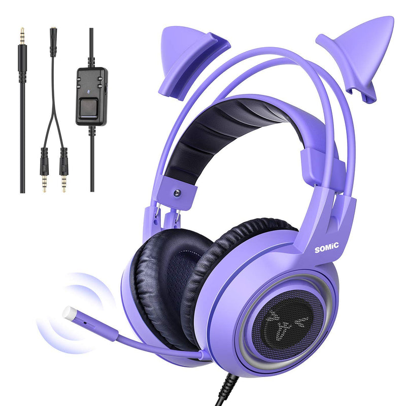 [AUSTRALIA] - SOMIC G951S Purple Stereo Gaming Headset with Mic for PS4, PS5, Xbox One, PC, Phone, Detachable Cat Ear 3.5MM Noise Reduction Headphones Computer Gaming Headphone Self-Adjusting Gamer Headsets 