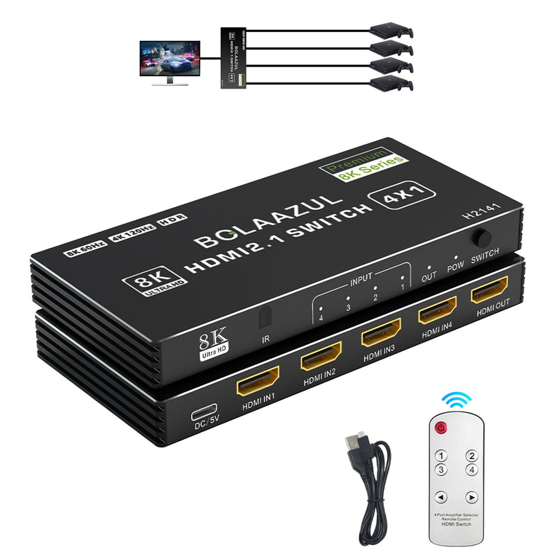 [AUSTRALIA] - BolAAzuL 8K HDMI 2.1 Switch 120Hz 4K 4 in 1 Out, 8K@60Hz HDMI 2.1 Splitter Switcher Selector Box 4-Port with Remote 4K 120Hz 2K 144Hz, HDMI 4x1 HDR, 48Gbps, CEC, Dolby Vision, for Xbox Series X PS5 