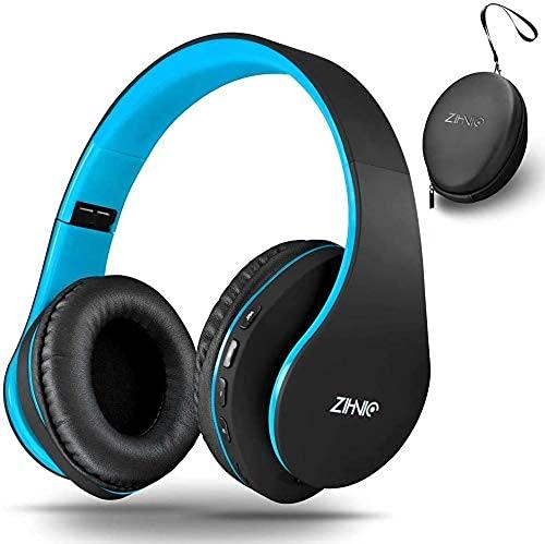 Wireless Over-Ear Headset with Deep Bass, Bluetooth and Wired Stereo Headphones Buit in Mic for Cell Phone, TV, PC,Soft Earmuffs &Light Weight for Prolonged Wearing by Zihnic (Black/Blue) Black Blue