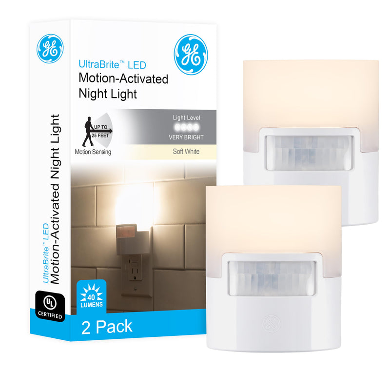 [AUSTRALIA] - GE LED Motion Sensor Night Light, Plug into wall, 40 Lumens, Soft White, UL-Certified, Energy Efficient, Ideal Nightlight for Bedroom, Bathroom, Kitchen, Hallway, 46632, White, 2 Pack White 40 Lumens 