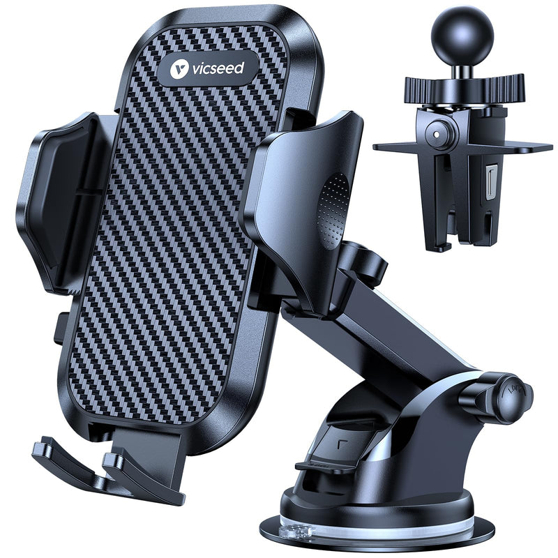 VICSEED Phone Holders for Your Car [Super Suction Power & No-Wobbling] Universal Cell Phone Mount Dashboard Windshield Vent Long Arm Hands Free Cradle Fit for iPhone, Android and All Smartphones Classic Black