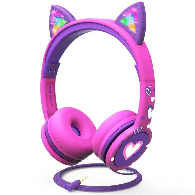 [AUSTRALIA] - FosPower Kids Headphones with LED Cat Ears (Safe Volume Limit 85 dB), 3.5mm On-Ear Wired Headphones with Laced Tangle-Free Cables for Boys/Girls/School/Travel - Hot Pink/Purple Hot Pink / Purple 