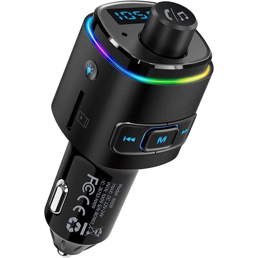 Nulaxy Bluetooth FM Transmitter for Car, QC3.0 Fast Charge Bluetooth Car Adapter, Wireless Radio Car Kit with 7 Color LED Backlit, Support Hands-Free Calls, USB Flash Drive, microSD Card (B- Black)