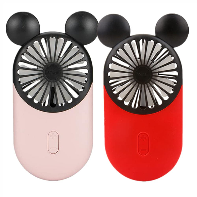 DECVO Cute Personal Mini Fan, Handheld & Portable USB Rechargeable Fan with Beautiful LED Light, 3 Adjustable Speeds, Portable Holder, for Indoor Or Outdoor Activities, Cute Mouse 2 Pack (Red+Pink) Pink,Red