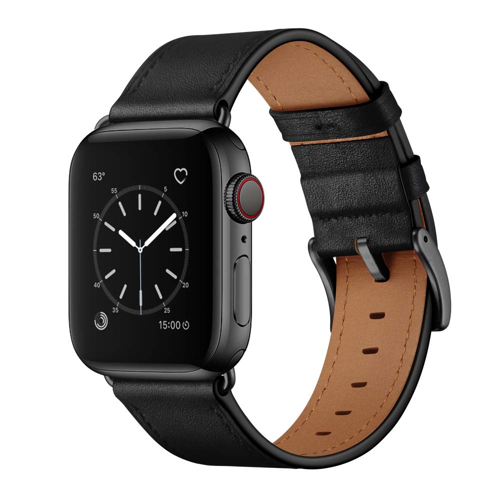 OUHENG Compatible with Apple Watch Band 49mm 45mm 44mm 42mm, Genuine Leather Band Replacement Strap Compatible with Apple Watch Ultra 2/1 Series 9/8/7/6/5/4/3/2/1/SE2/SE, Black Band with Black Adapter Black/Black 49mm/45mm/44mm/42mm