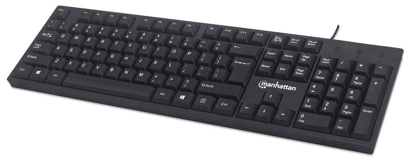 Manhattan Wired Computer Keyboard – Basic Black Keyboard - with 4.5ft USB-A Cable, 104-keys, Foldable Stands - Compatible for Windows, PC, Laptop - 3 Yr Mfg Warranty – 179324