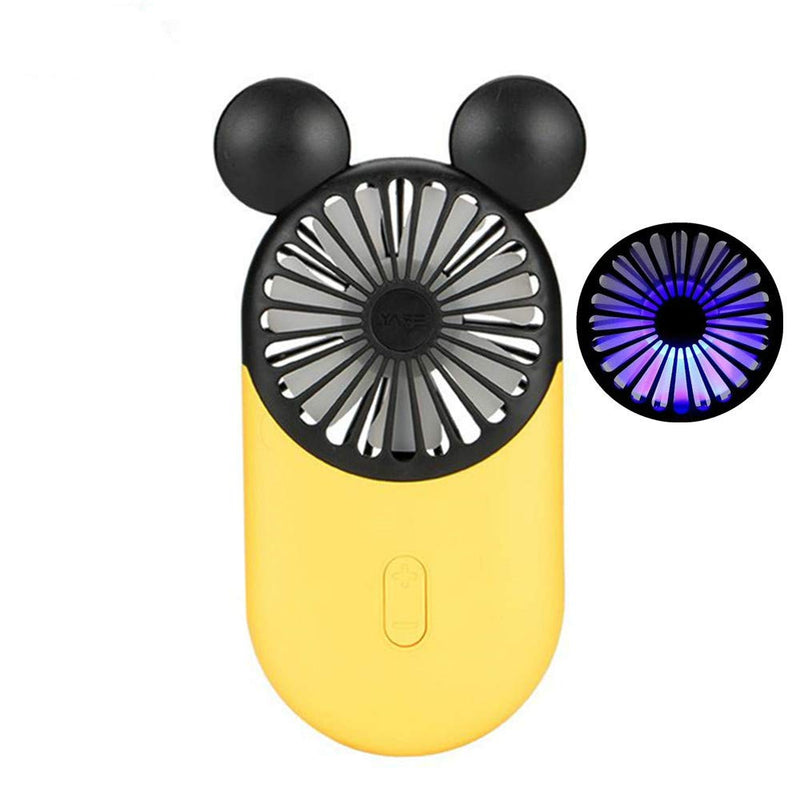 Kbinter Cute Personal Mini Fan, Handheld & Portable USB Rechargeable Fan with Beautiful LED Light, 3 Adjustable Speeds, Portable Holder, for Indoor Or Outdoor Activities, Cute Mouse (Yellow) Yellow