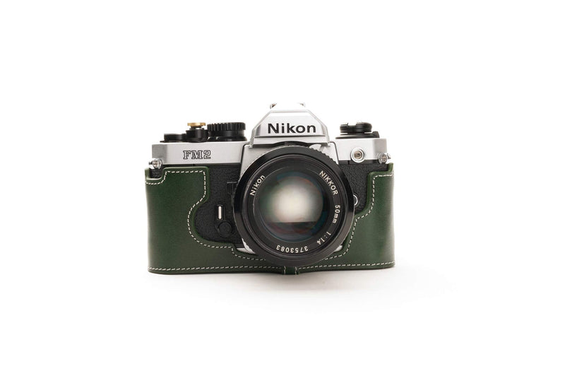 Nikon FM2 Case, BolinUS Handmade Genuine Real Leather Half Camera Case Bag Cover for Nikon FM2 FM FE FM2n FE2 With Hand Strap (Green) Green