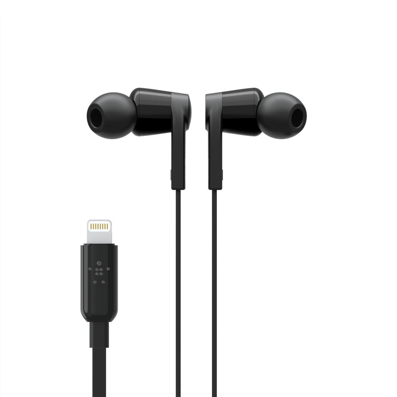Belkin Wired Earbuds with Lightning Connector, Built-in Mic | In-ear headphones, tangle-free cable, inline remote, volume and track controls, water resistant, iPhone, iPad Black One Size LTG