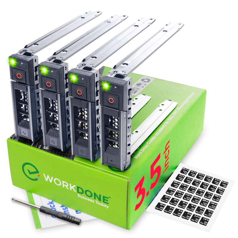 WORKDONE 4-Pack 3.5" LFF Carrier - fits Dell PowerEdge 17-14th Gen Y796F | Only for bigger 4.2" Wide Hot-Swap Bay, R250 R350 T350 R450 T550 R550 R650xs R750xs R6515 R6525 R7515, Labels, Manual, Screws