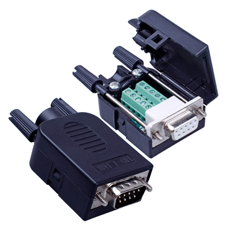 Anmbest 2PCS DB9 Solderless RS232 D-SUB Serial to 9-pin Port Terminal Male Adapter Connector Breakout Board with Case Long Bolts Tail Pipe (Male+Female) Male+Female
