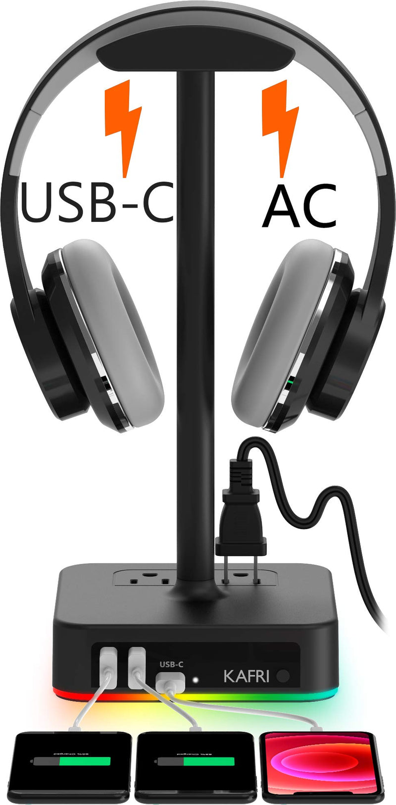 KAFRI RGB Headphone Stand with USB A&C Charger Desk Gaming Headset Holder Hanger Rack with 3 USB Charging Port and 2 Outlet - Suitable for Gamer Desktop Table Game Earphone Accessories Boyfriend Gifts A-ONE STAND