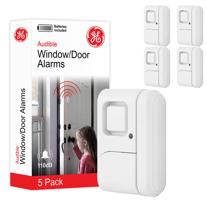 GE Personal Security Window and Door Alarm, 5 Pack, DIY Protection, Burglar Alert, Wireless Chime/Alarm, Easy Installation, Home Security, Ideal for Home, Garage, Apartment and More,White, 45987 White
