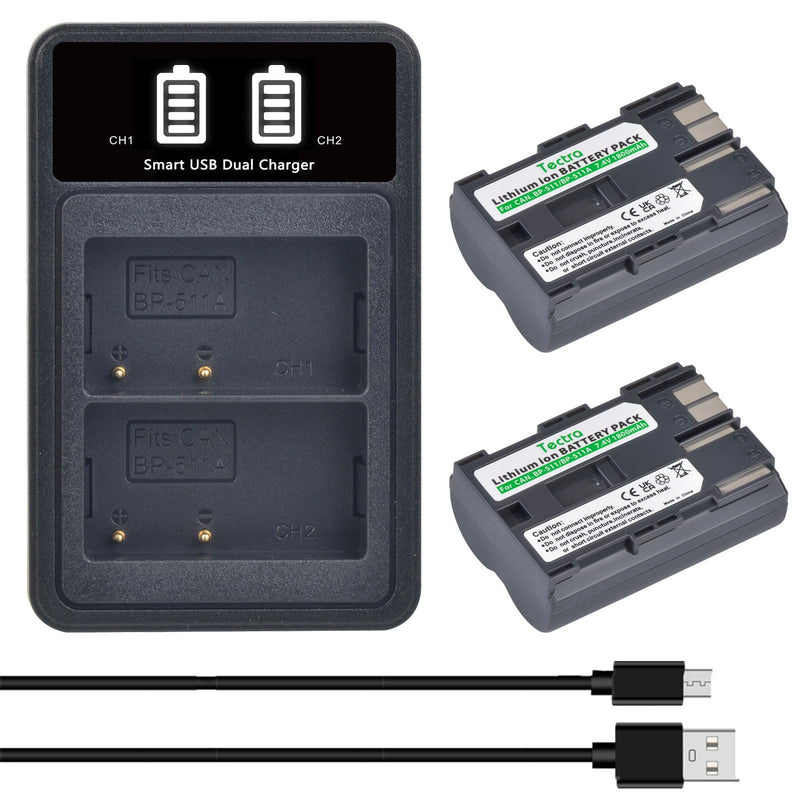 2-Pack BP-511 BP-511A Battery and LED Dual Battery Charger for Canon EOS 5D 10D 20D 20Da 30D 40D 50D 300D D30 D60 Rebel PowerShot G1 G2 G3 G5 G6 Pro 1 Pro 90 Pro 90IS