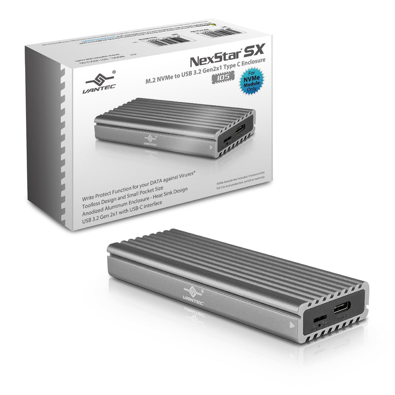 VANTEC M.2 NVME SSD to USB 3.1 GEN 2 Type C Enclosure W/USB Type-C Cable - Space GRA