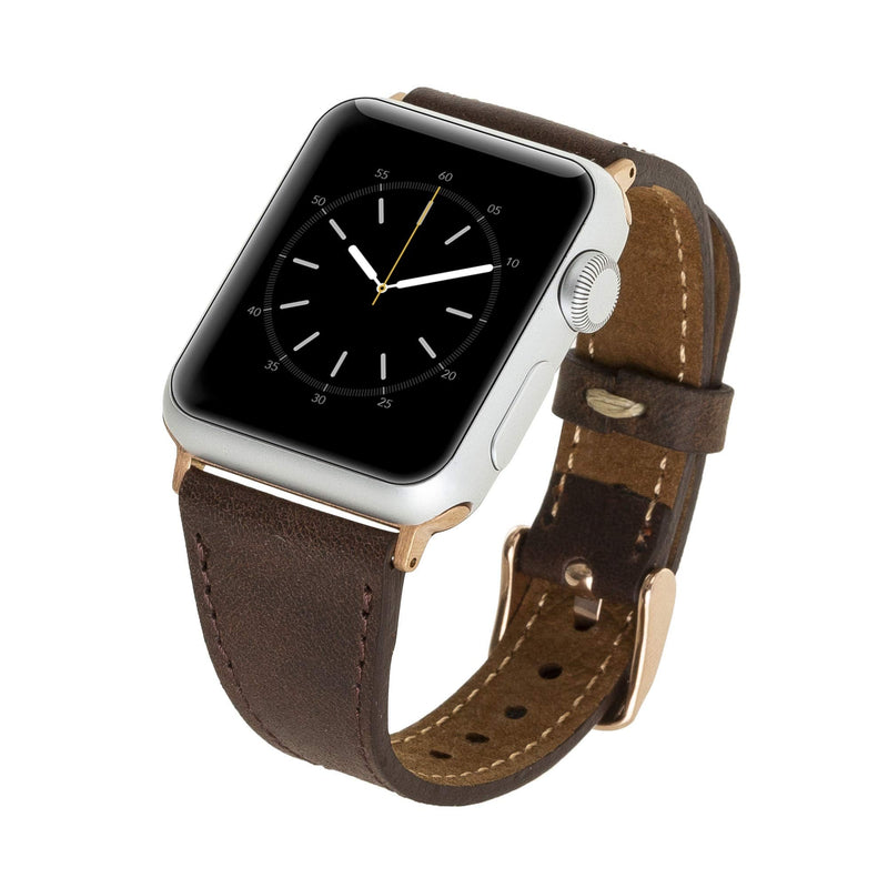 Venito Messina Leather Slim Watch Band Compatible with Apple Watch Ultra 2 / Ultra Series 9 8 7 6 5 4 3 2 1 SE 49mm 45mm 44mm 42mm 41mm 40mm 38mm Tiana Brown w/Rose Gold Connector&Clasp 49mm/45mm/44mm/42mm