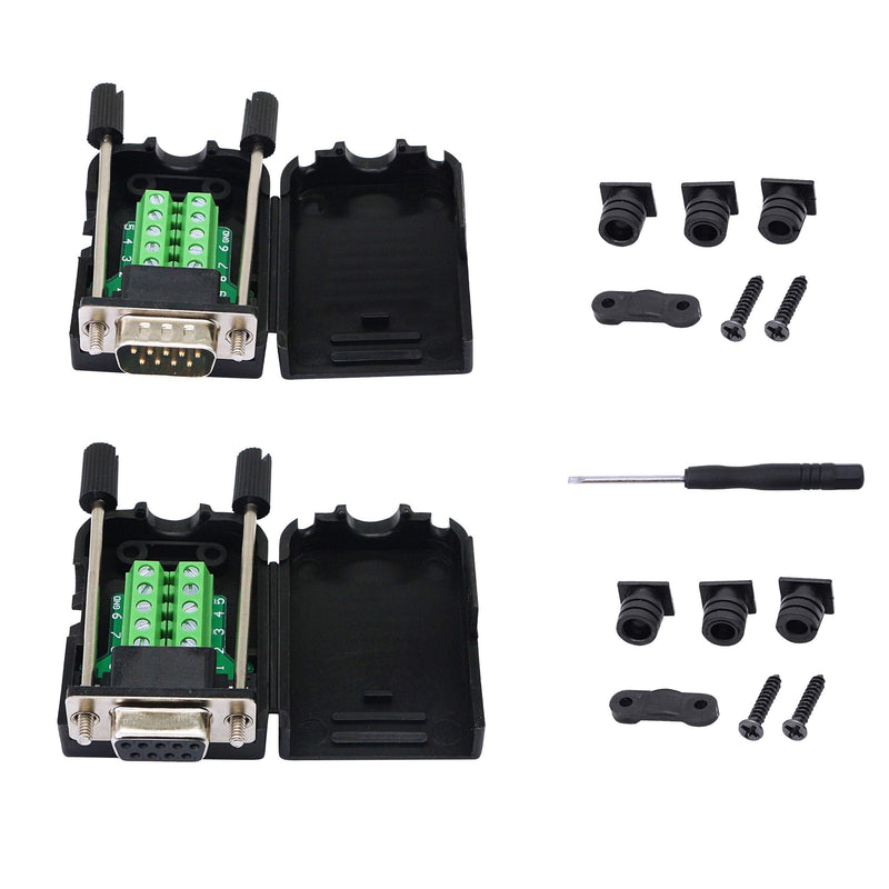 SinLoon DB9 Connector Adapter RS232 Serial Port D-SUB Adapter Plate Breakout Board Solder-Free (1-Pair Male+Female with Screwdriver ，Black Rubber Core,Long Bolts)