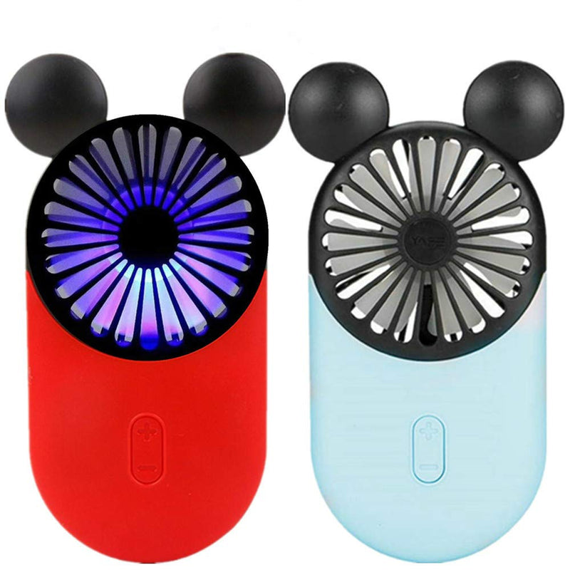 Kbinter Cute Personal Mini Fan, Handheld & Portable USB Rechargeable Fan with Beautiful LED Light, 3 Adjustable Speeds, Portable Holder, for Indoor Outdoor Activities, Cute Mouse 2 Pack (Red+Blue) Red+blue