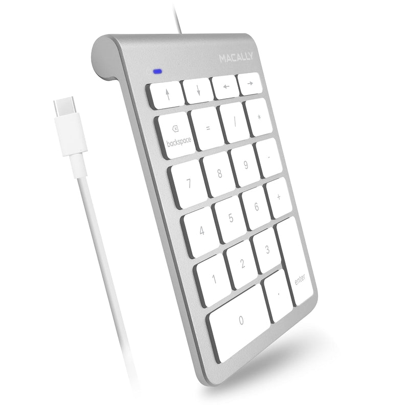 Macally Wired USB C Number Pad Keyboard - Type C Numeric Keypad for Laptop, Apple Mac iMac MacBook Pro/Air, Windows PC, or Desktop Computer - 10 Key USB Keypad Numpad with 5 Foot Cable - Silver