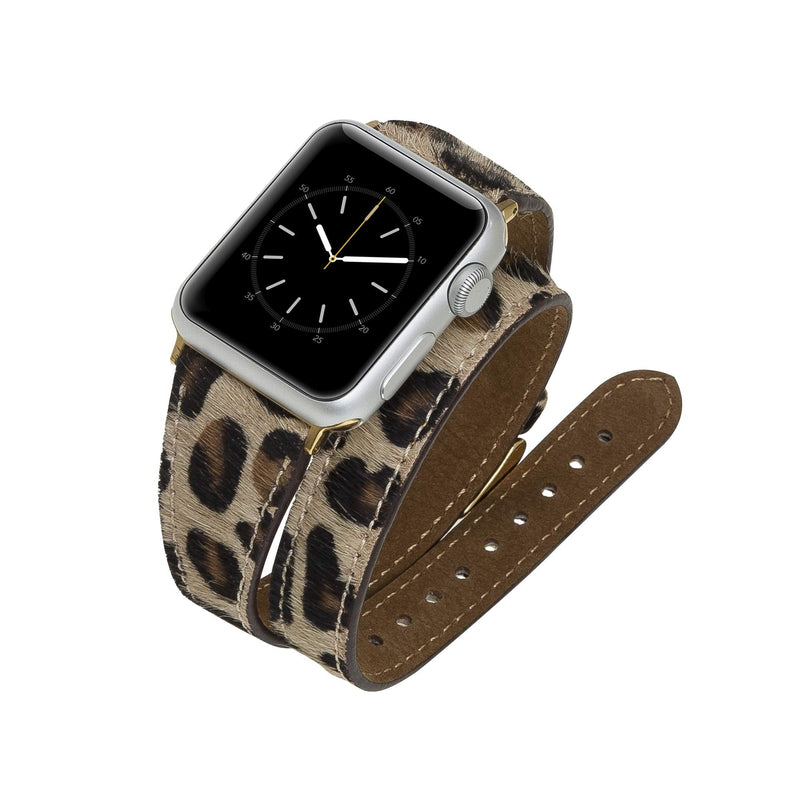 Venito Serena Slim Double Wrap Leather Watch Band Compatible with Apple Watch iwatch Series 1, 2, 3, 4, 5, 6, 7, SE (Furry Leopard w/Gold Stainless Steel Hardware, 38mm-40mm)