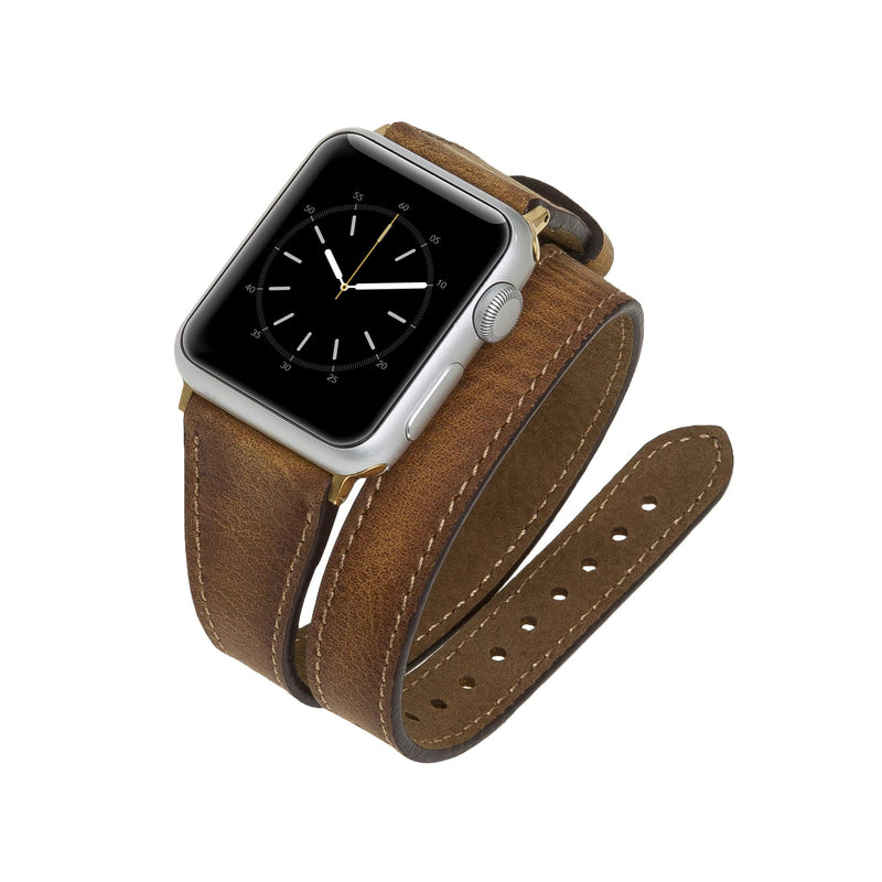Venito Serena Slim Double Wrap Leather Watch Band Compatible with Apple Watch iwatch Series 1, 2, 3, 4, 5, 6, 7, SE (Antique Brown w/Gold Stainless Steel Hardware, 38mm-40mm)