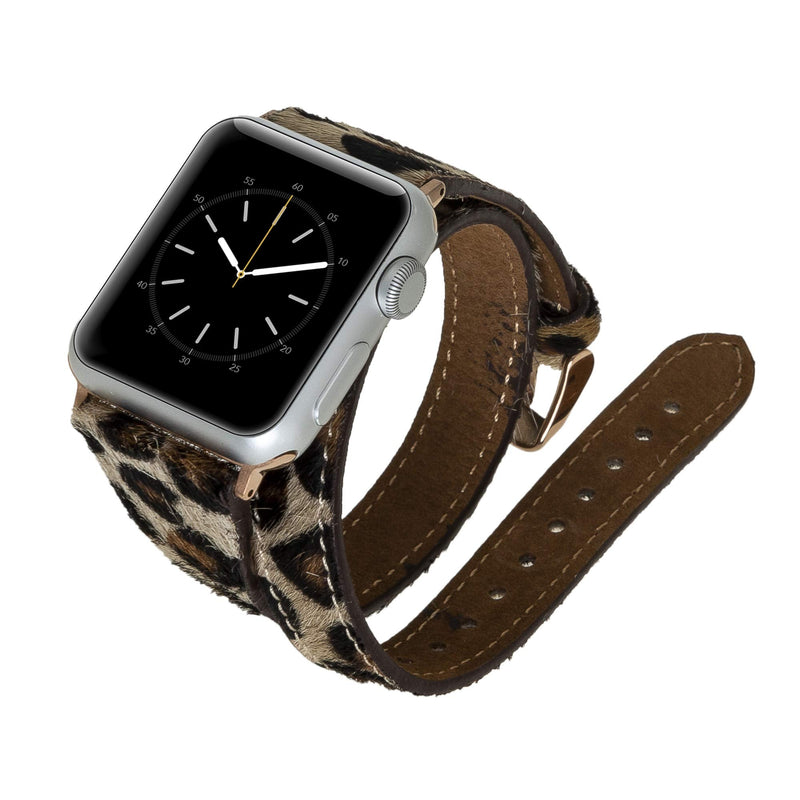 Venito Serena Slim Double Wrap Leather Watch Band Compatible with Apple Watch iwatch Series 1, 2, 3, 4, 5, 6, 7, SE (Furry Leopard w/Rose Gold Stainless Steel Hardware, 38mm-40mm)