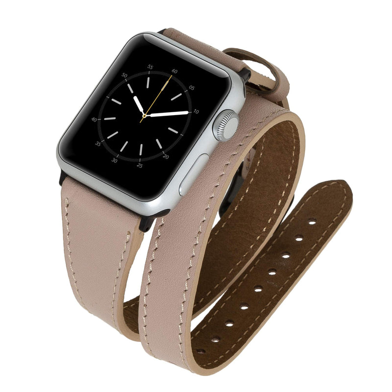 Venito Serena Slim Double Wrap Leather Watch Band Compatible with Apple Watch iwatch Series 1, 2, 3, 4, 5, 6, 7, SE (Nude Pink w/Black Stainless Steel Hardware, 42mm-44mm)
