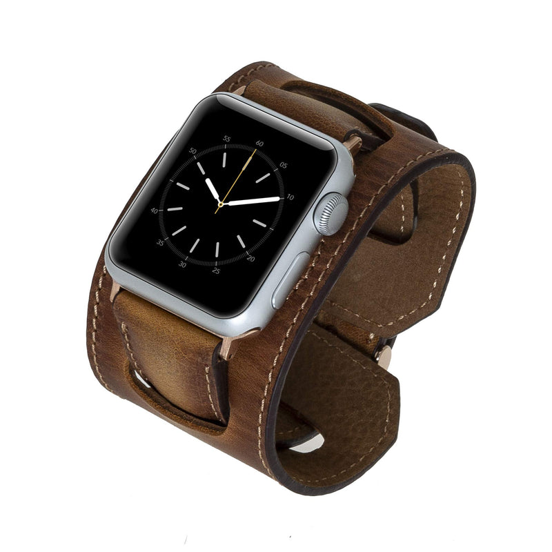 Venito Ancona Cuff Handmade Premium Leather Watch Band for Apple Watch iwatch Series 1,2,3,4,5,6,7,8,9,10,11 and SE 1,2,3 (45/44/42/41/40/38mm), (Antique Brown w/Rose Gold Connector&Clasp)