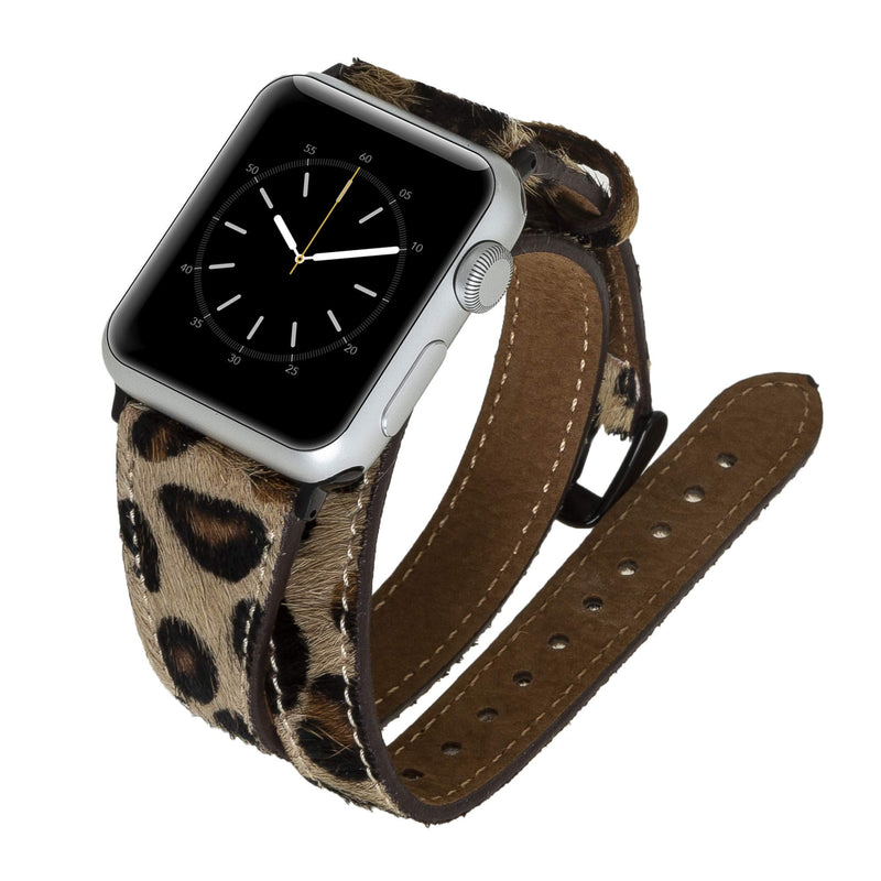 Venito Serena Slim Double Wrap Leather Watch Band Compatible with Apple Watch iwatch Series 1, 2, 3, 4, 5, 6, 7, SE (Furry Leopard w/Black Stainless Steel Hardware, 38mm-40mm)