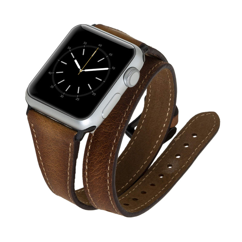 Venito Serena Slim Double Wrap Leather Watch Band Compatible with Apple Watch 42mm 44mm 45mm - iwatch Series 1, 2, 3, 4, 5, 6, 7, SE (Antique Brown w/Black Stainless Steel Hardware