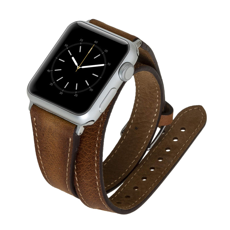 Venito Serena Slim Double Wrap Leather Watch Band Compatible with Apple Watch 38mm 40mm 41mm - iwatch Series 1, 2, 3, 4, 5, 6, 7, SE (Antique Brown w/Silver Stainless Steel Hardware)