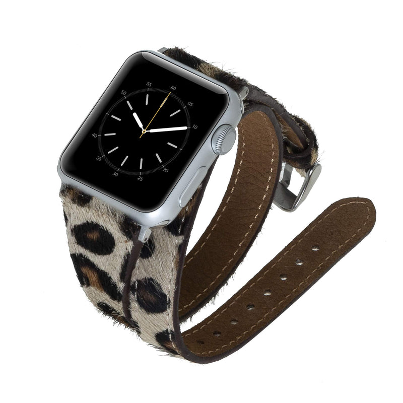 Venito Serena Slim Double Wrap Leather Watch Band Compatible with Apple Watch iwatch Series 1, 2, 3, 4, 5, 6, 7, SE (Furry Leopard w/Silver Stainless Steel Hardware, 38mm-40mm)