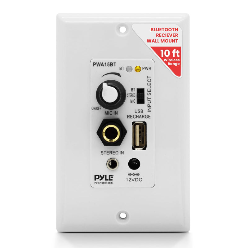 Pyle Bluetooth Receiver Wall Mount, in-Wall Audio Control with Built-in Amplifier | USB, Microphone, Aux (3.5mm) Input | Terminal Block | Connect 2 Speakers - 100 Watt (PWA15BT.5)