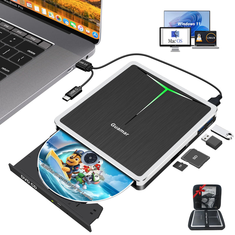 Guamar External DVD Drive for PC: USB-C CD Burner Player for Laptop Mac Windows 11 with SD/TF Slot/2 USB Ports/Carrying Case Read Write Music/Movie/Photo Portable Plug & Play Silver