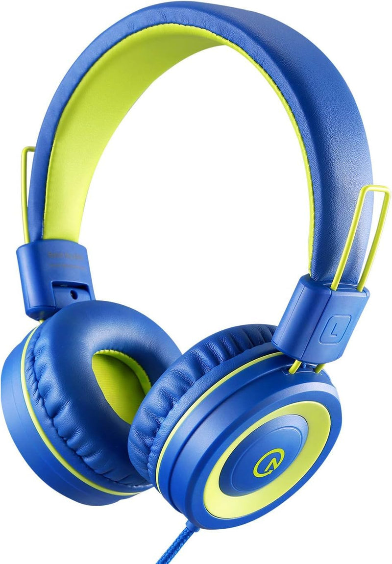 noot products Kids Headphones with Microphone K12 Stereo 5ft Long Cord with 85dB/94dB Volume Limit Wired On-Ear Headset for iPad/Amazon Kindle,Fire/Toddler/Boys/Girls/School(Blue/Lime) Blue Lime
