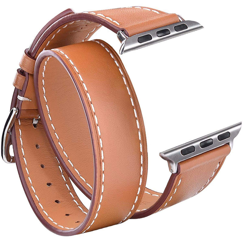 Speidel 38mm Luxury Brown Genuine Leather Double Tour Band With Stainless Steel Adapters and Buckle compatible for use with the Apple watch series 1,2,3,4,5 and 6