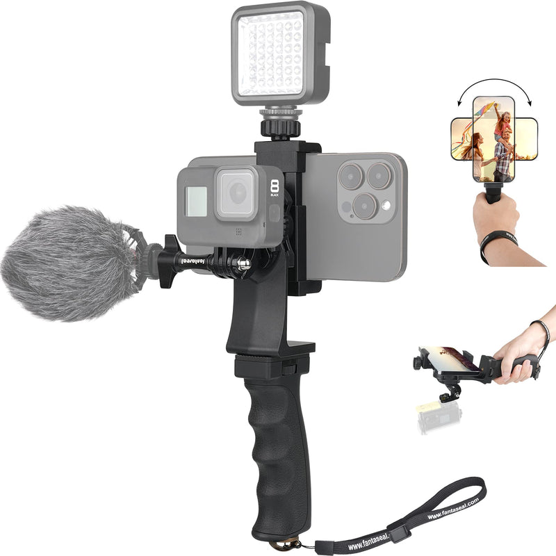 2in1 Ergonomic Portable Action Camera+Smartphone SYN Hand Grip Stabilizer Combo Mount Video Vlogging Rig Holder Kit for GoPro iPhone Interview Travel YouTube Tiktok Streaming-Mic+Light Adapter 2in1 gopro vloggor