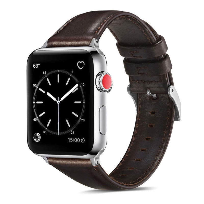 Speidel 38/40/41 and 42/44/45mm Genuine Luxury Black OR Brown Leather Band with Stainless Steel Adapters and Buckle Compatible for use with the Apple Watch. 38mm/40mm Brown w/Silver Adapter