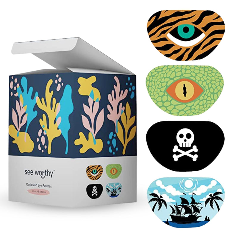 See Worthy Adventure Eye Patches - Innovative, Smart Adhesive Technology - Breathable & Comfortable Eyepatch for Lazy Eye - Soft Patches, Concave Shape & Fun Designs (48 per Box) Packaging May Vary