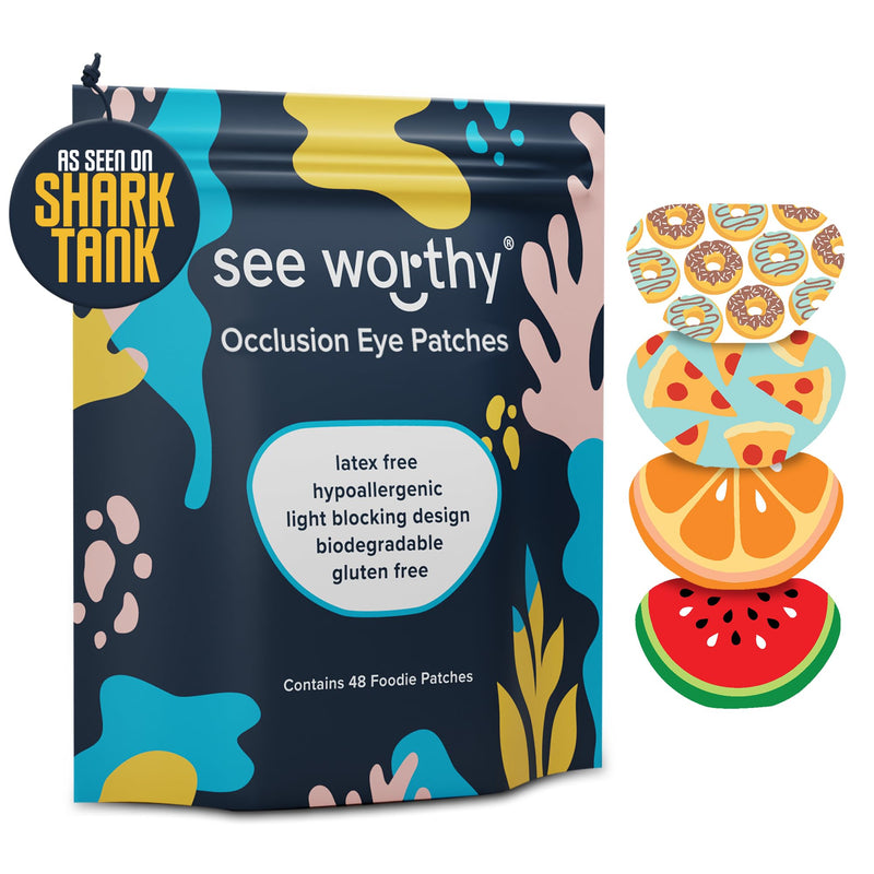 See Worthy Foodie Eye Patches - Innovative, Smart Adhesive Technology - Breathable & Comfortable Eyepatch for Lazy Eye - Soft Eye Patches, Concave Shape & Fun Designs (48 per Box) Packaging May Vary O