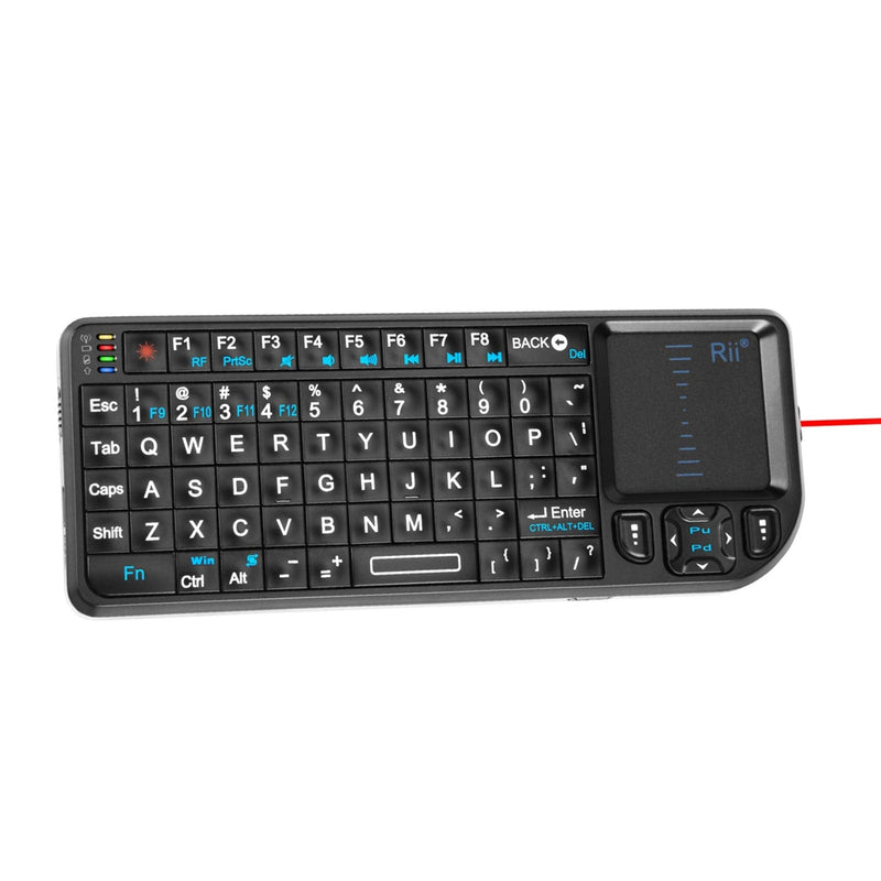 Rii Mini Wireless Keyboard with Touchpad＆QWERTY Keyboard,Support Bluetooth ＆2.4G Connection,Built-in Laser Pointer, Backlit Portable Keyboard Wireless with Remote Control, X1-BT Black.
