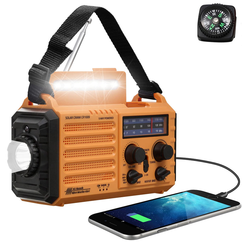 Emergency Radio with NOAA Weather Alert, Rechargeable 5000mAh Battery Operated Solar Hand Crank Radio, Outdoor Portable AM FM SW Radio with USB Charger, Flashlight,Reading Lamp, SOS Alarm for Survival Yellow