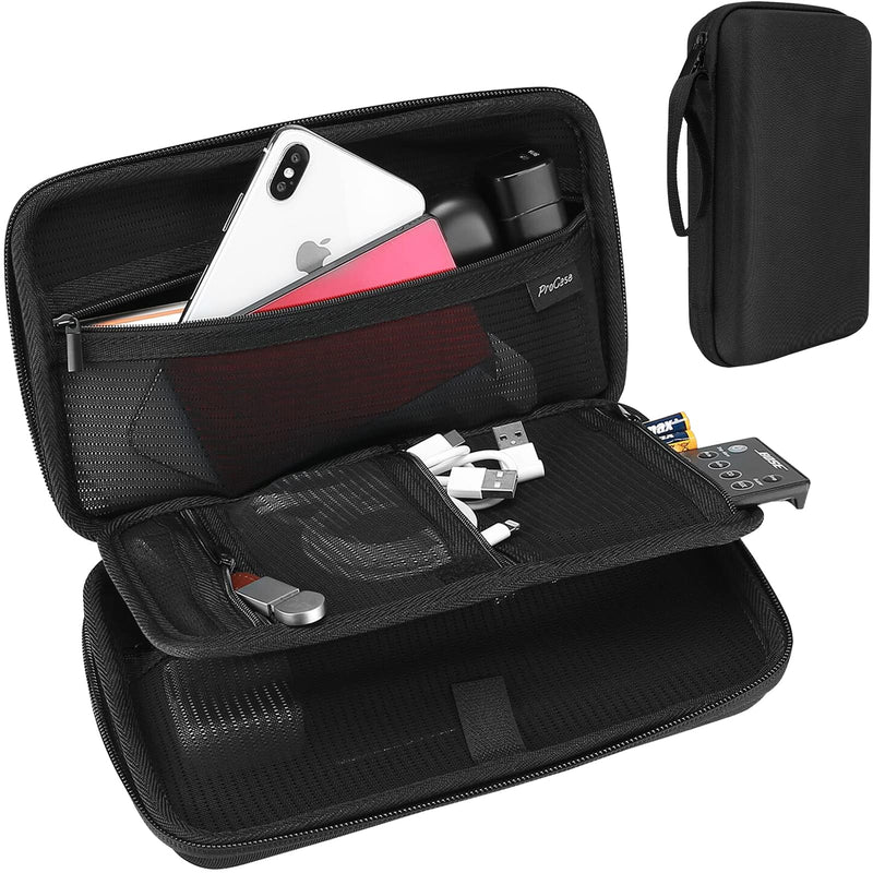 ProCase Hard Travel Tech Organizer Case Bag for Electronics Accessories Charger Cord Portable External Hard Drive USB Cables Power Bank SD Memory Cards Earphone Flash Drive -Black Black