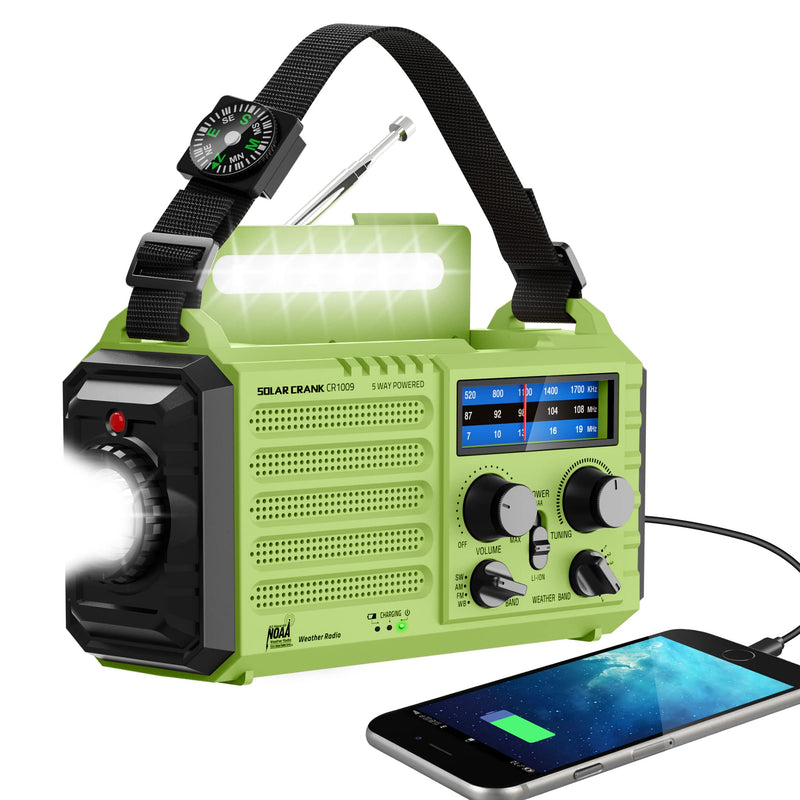 [AUSTRALIA] - NOAA Weather Radio, Emergency Hand Crank Radio with Solar Charger, Portable Battery Operated AM FM Shortwave Radio with LED Flashlight, USB Charger, Earbud Jack, SOS Alert for Home Survival Hurricane Green 